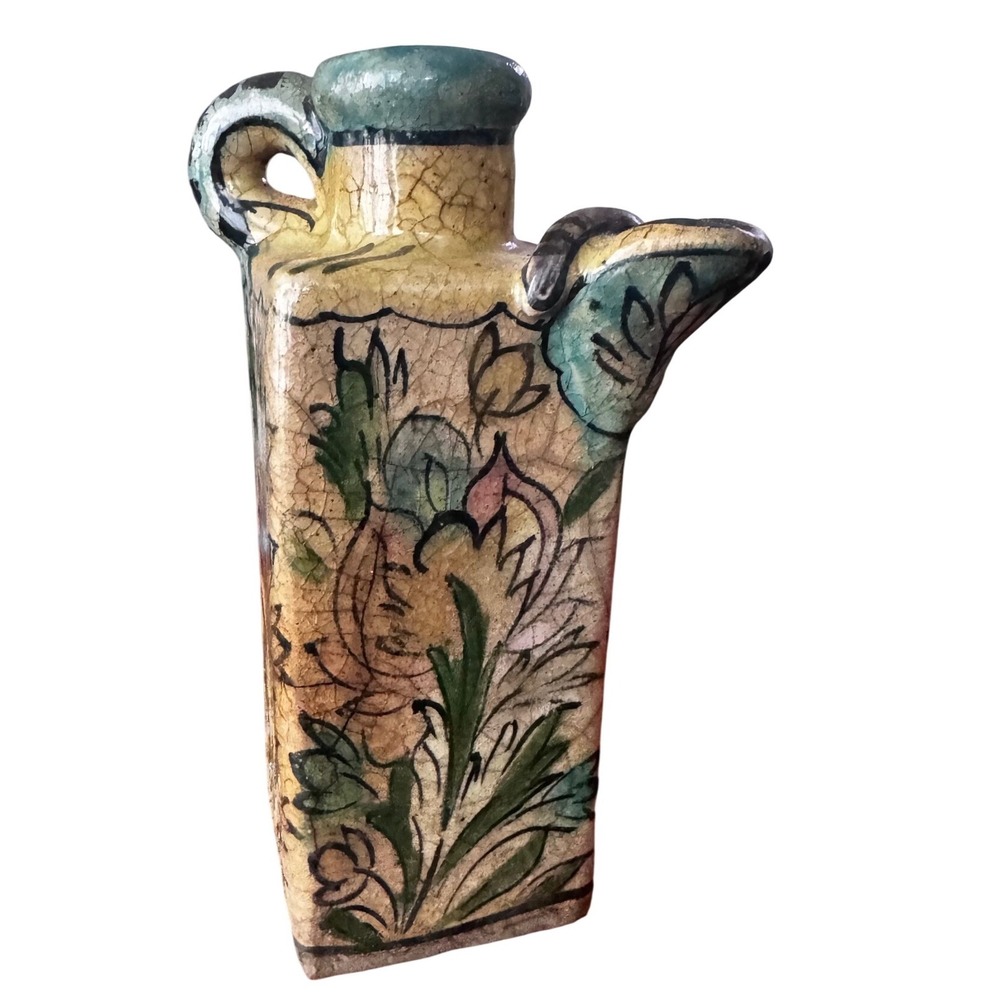 Antique Persian Iznik Qazar Dynasty Clay Pottery Hand Painted Glazed Jug 7x2.5"
